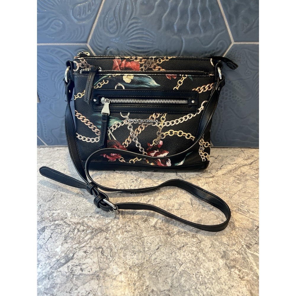 Dana Buchman Floral Chain Print Crossbody Purse Black Adjustable Strap